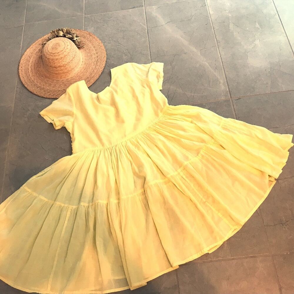 Women's Babydoll Dress, Pale Yellow embroidered bodice, tiered mini, SZ PM, EUC